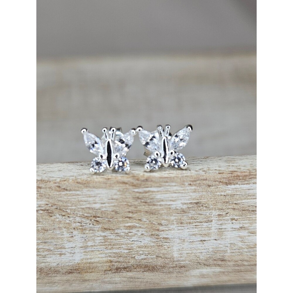 NWT 925 Sterling Silver Butterfly Stud Earrings Dainty Cubic Zirconia CZ Mini